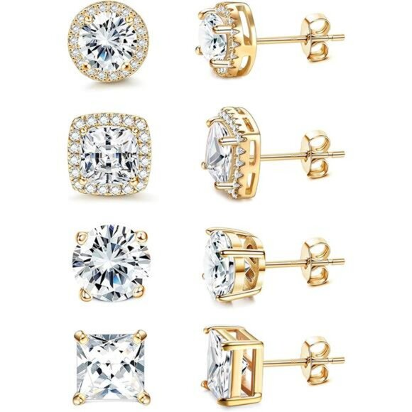 Cubic zirconia halo stud earrings gold plated hypoallergenic for sensitive ears - Picture 1 of 7